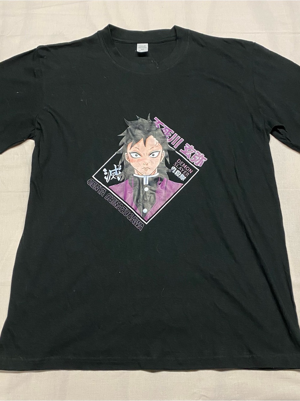 Black short Sleeve Anime Graphic Tee with Purple Accents